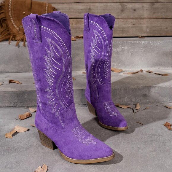 Women's Suede Embroidered Side Zipper High Heeled Boots With Sloping Heel Purple - Picture 6 of 7